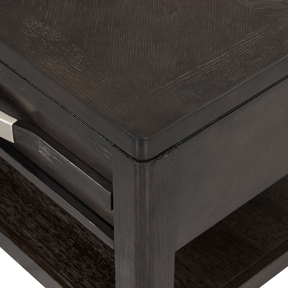 Dark oak end table with brushed nickel handle drawer and open shelf