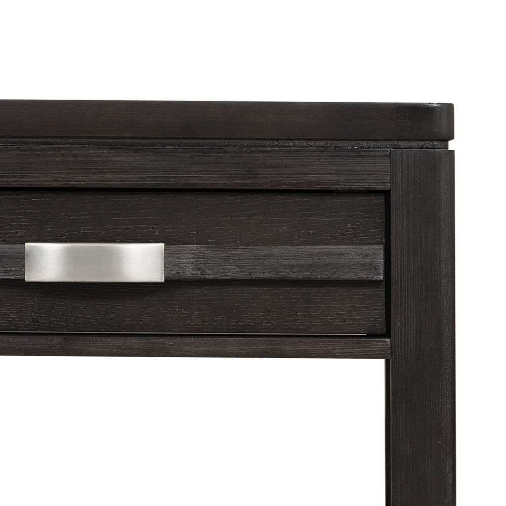 Dark wood bedside table with silver bar handle modern design accent