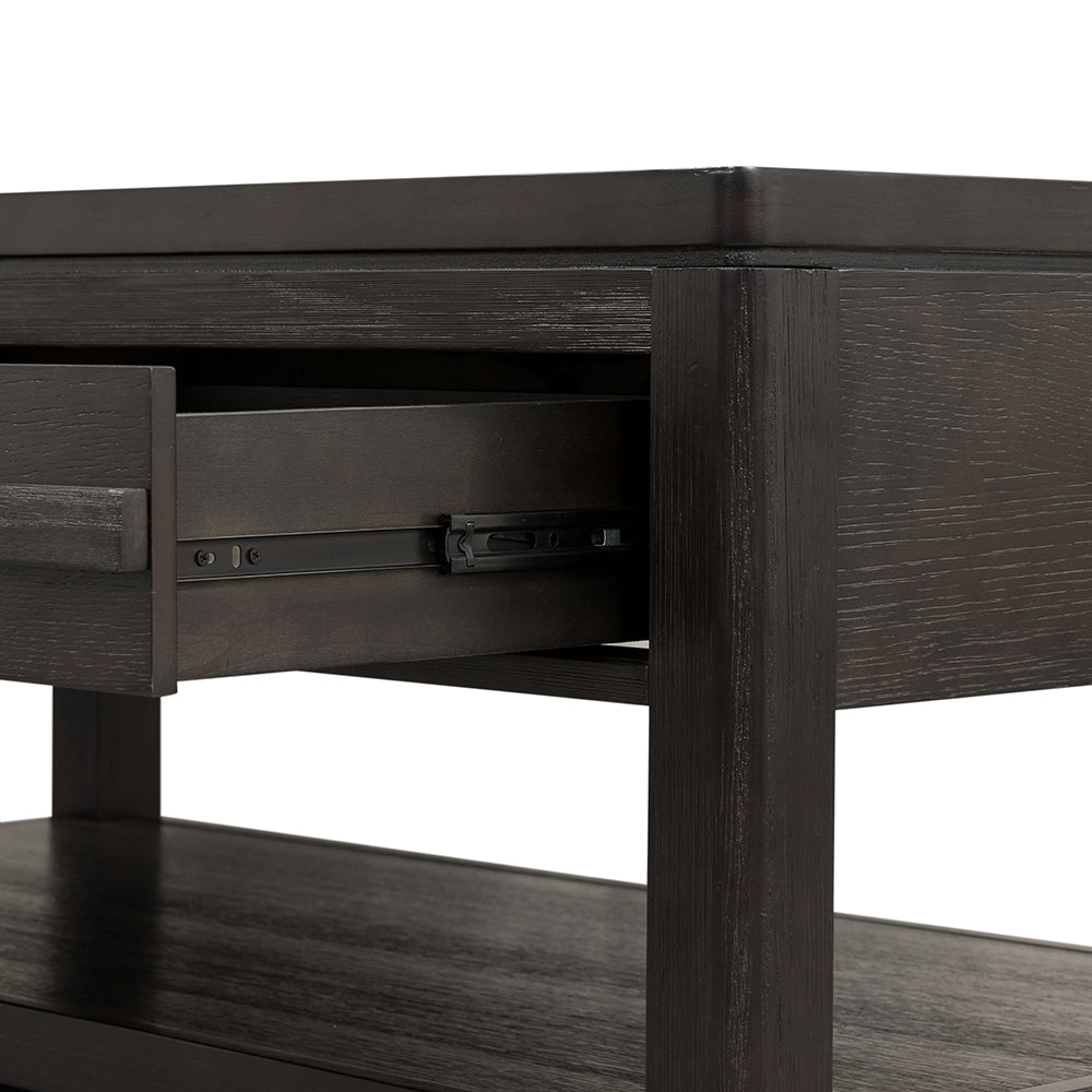 Dark wood nightstand with open drawer revealing smooth metal sliders and visible hardware