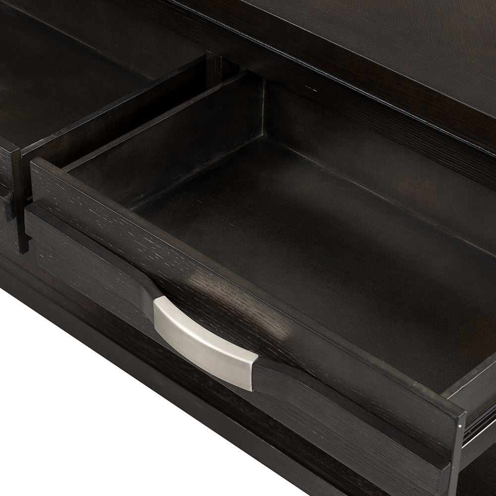 Dark wood dresser drawer detail with brushed nickel handle open compartment visible