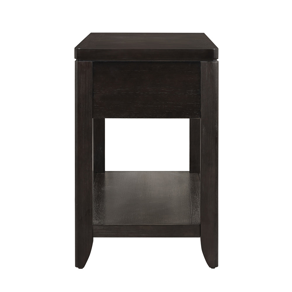 Dark oak end table with one drawer and open shelf