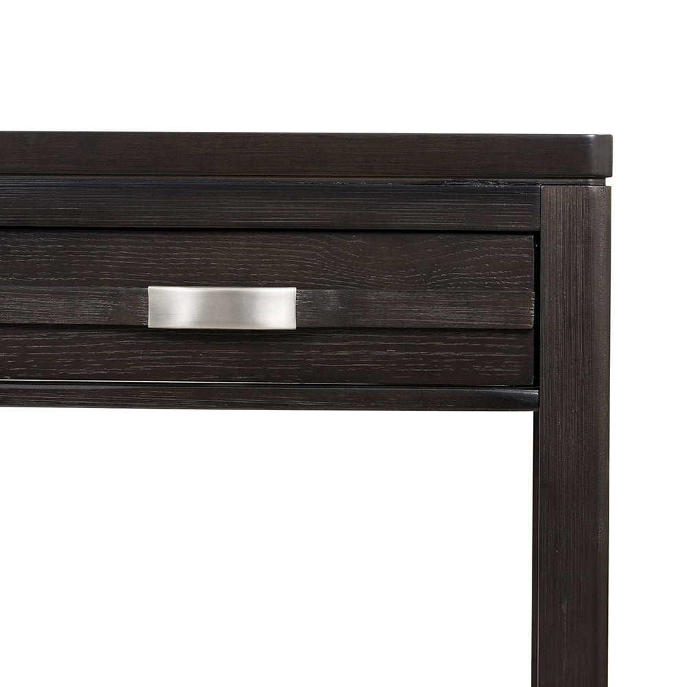 Dark wood end table drawer with brushed nickel pull modern design