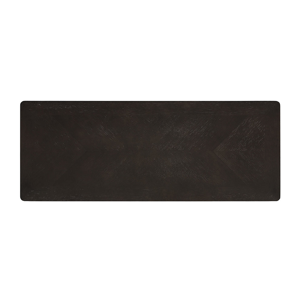 Dark wood console table top with herringbone inlay detail