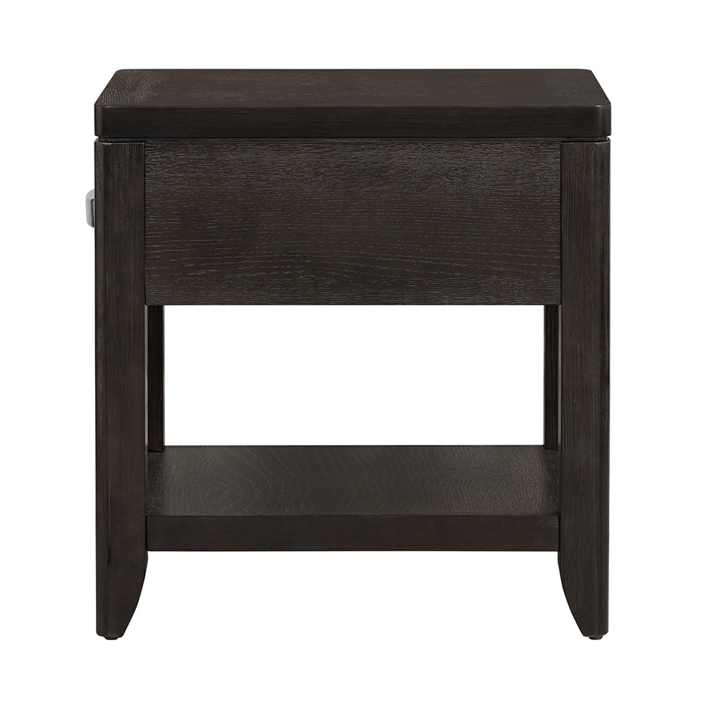 Dark wood nightstand with one drawer and open shelf