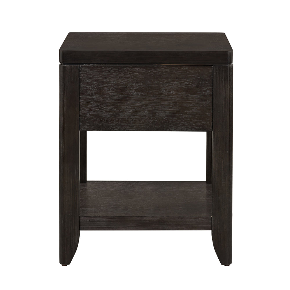 Dark oak finish end table with one drawer and an open shelf