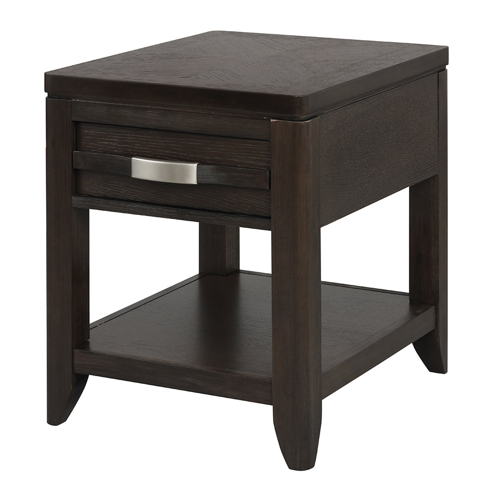 Dark brown wooden end table with one drawer and open shelf