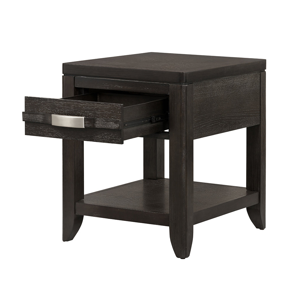 Dark oak veneer end table with open drawer and brushed nickel pull