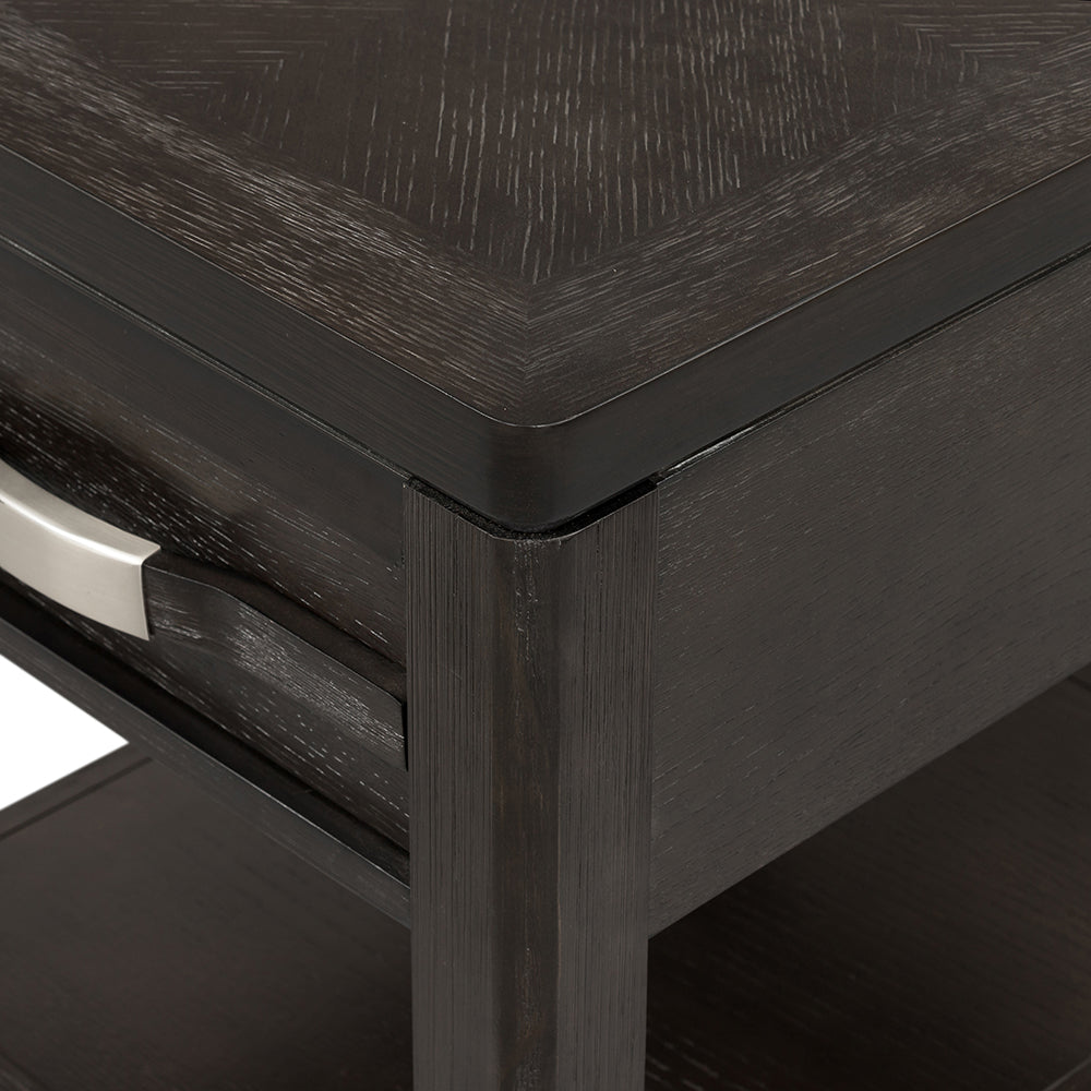 Dark oak wood end table with brushed nickel drawer pull and subtle grain detail