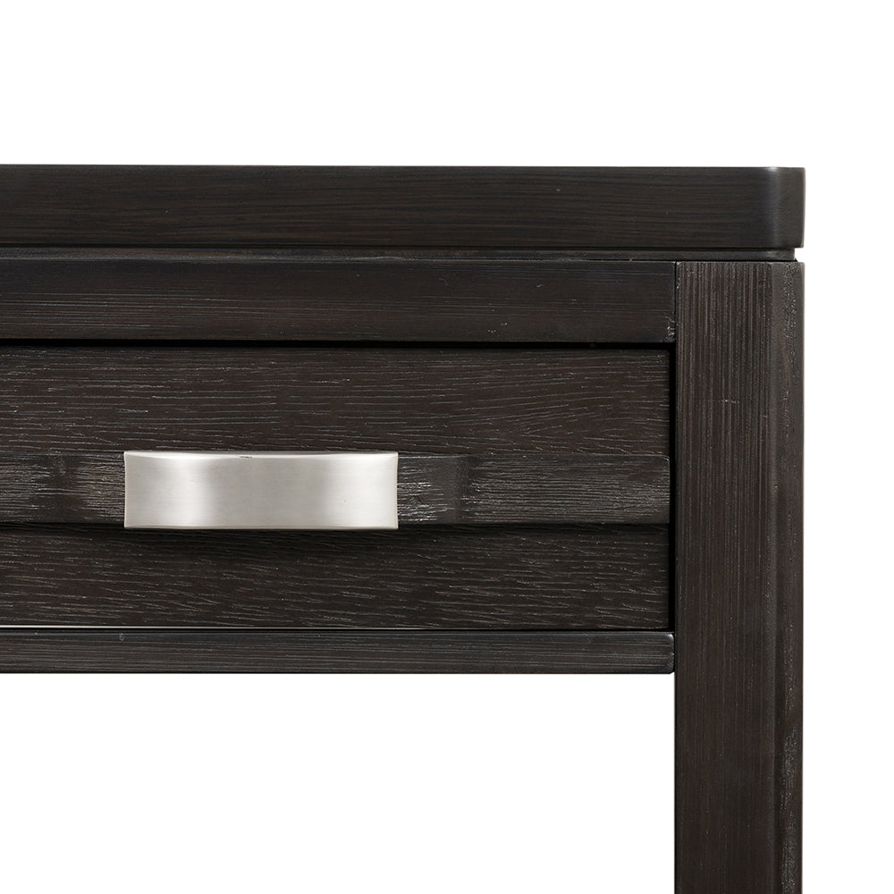 Dark wood nightstand drawer with brushed nickel pull