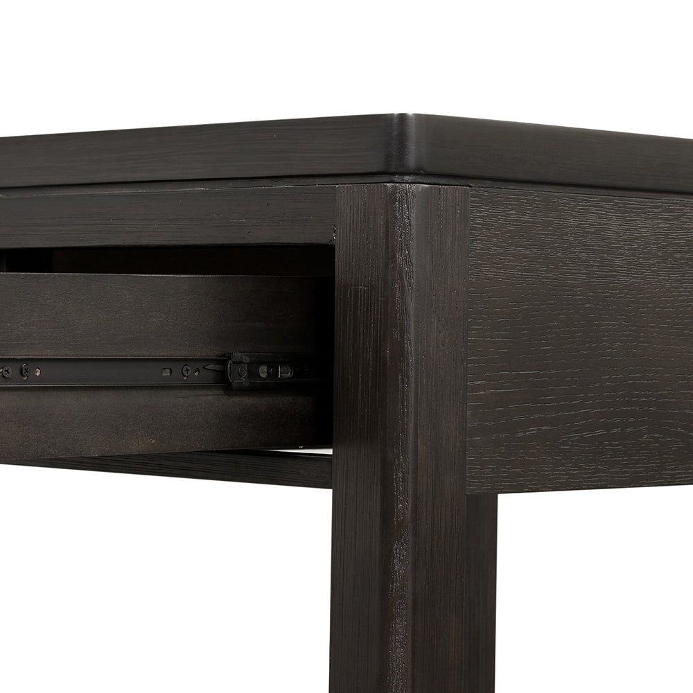 Dark oak wood nightstand corner with visible drawer slide mechanism