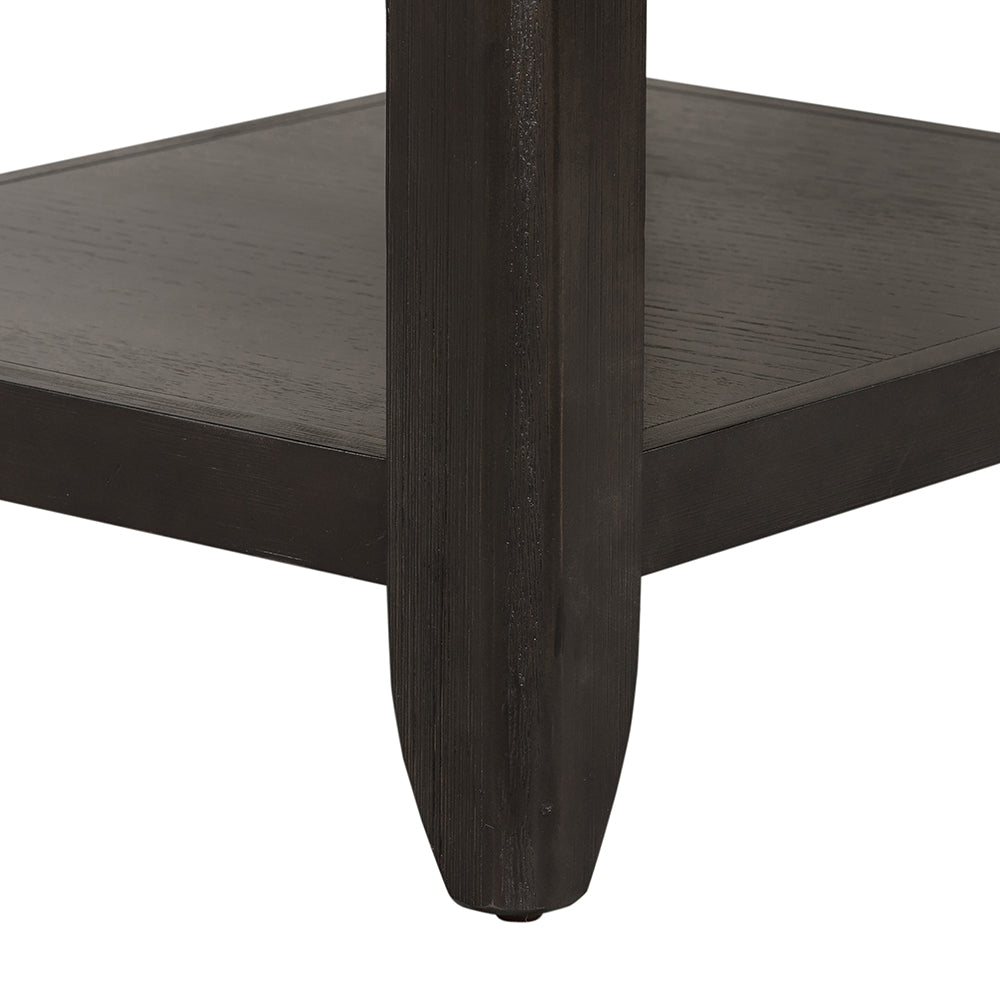 Closeup of dark oak side table leg with textured wood grain detail