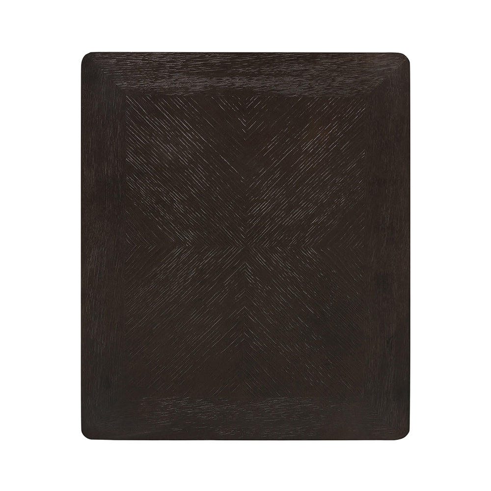 Dark wood end table with geometric carved pattern top for living room
