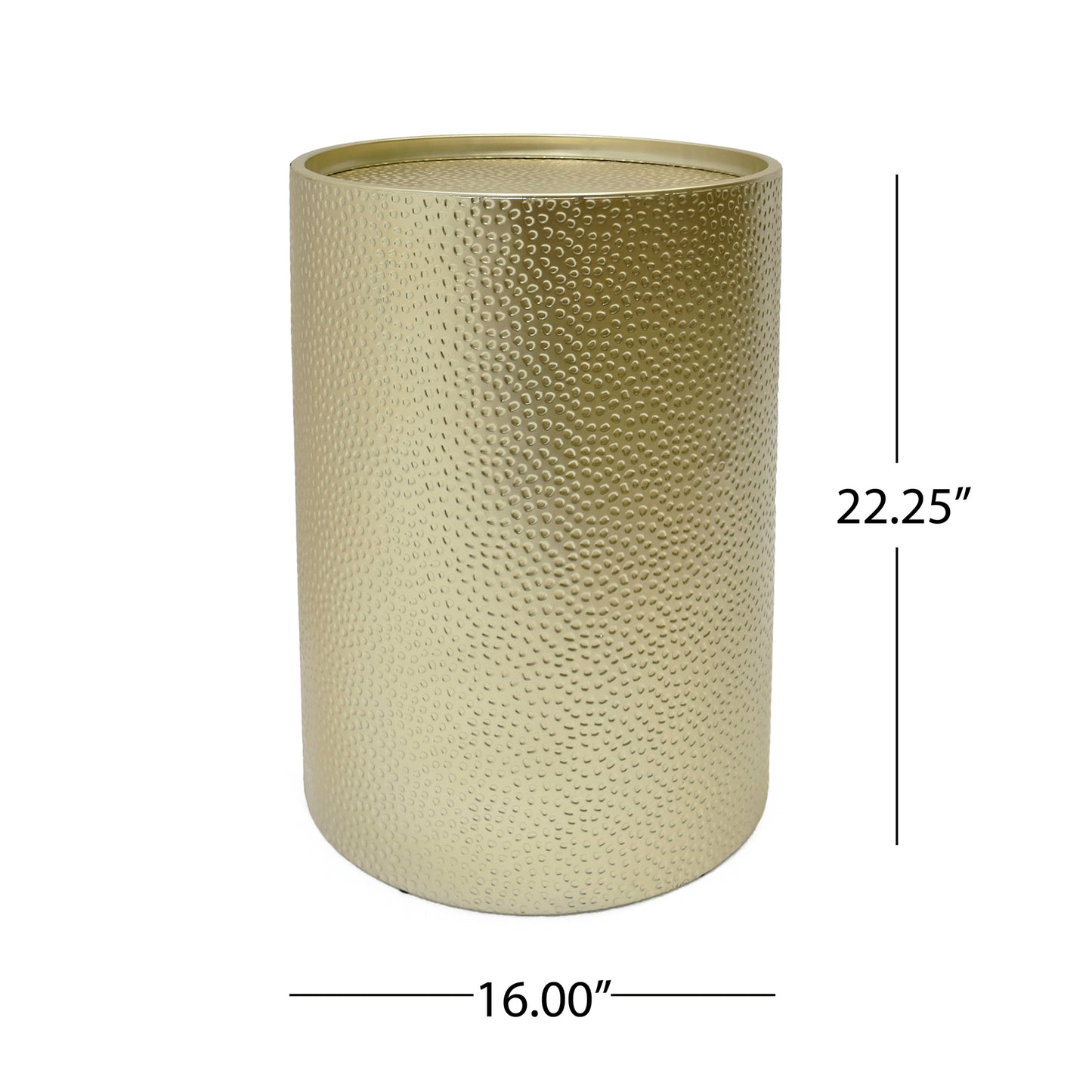 Hammered gold metal side table with a drum silhouette and a textured finish