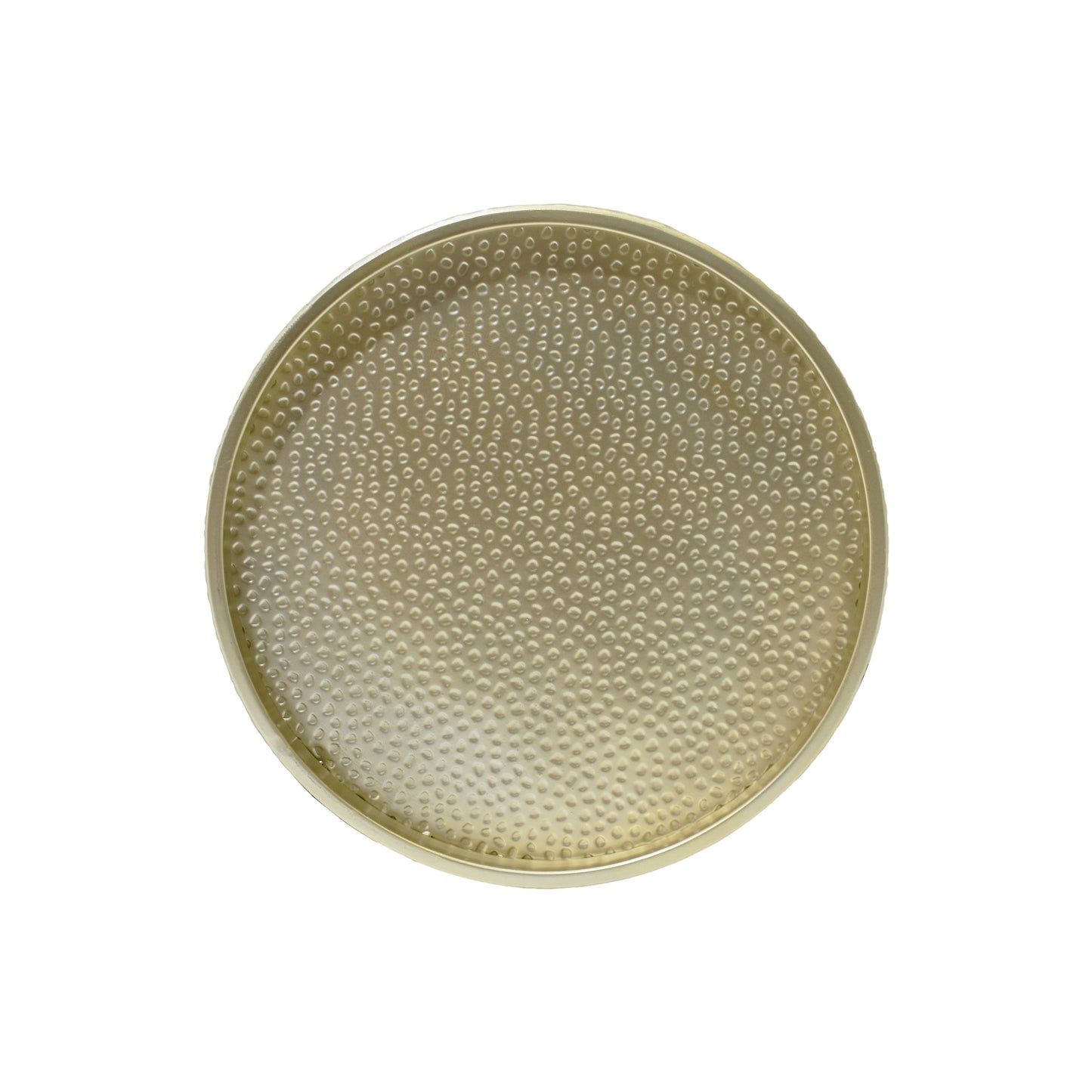 Hammered gold metal round tray with a textured surface perfect for serving drinks