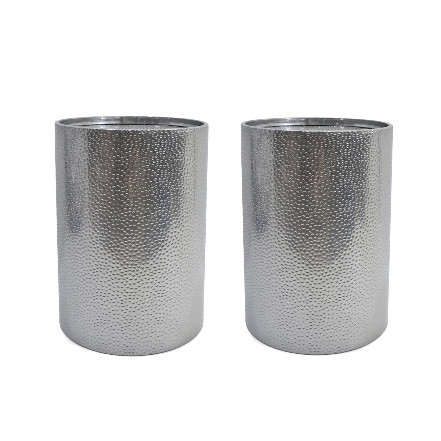 Two silver hammered metal cylindrical vases perfect for modern decor