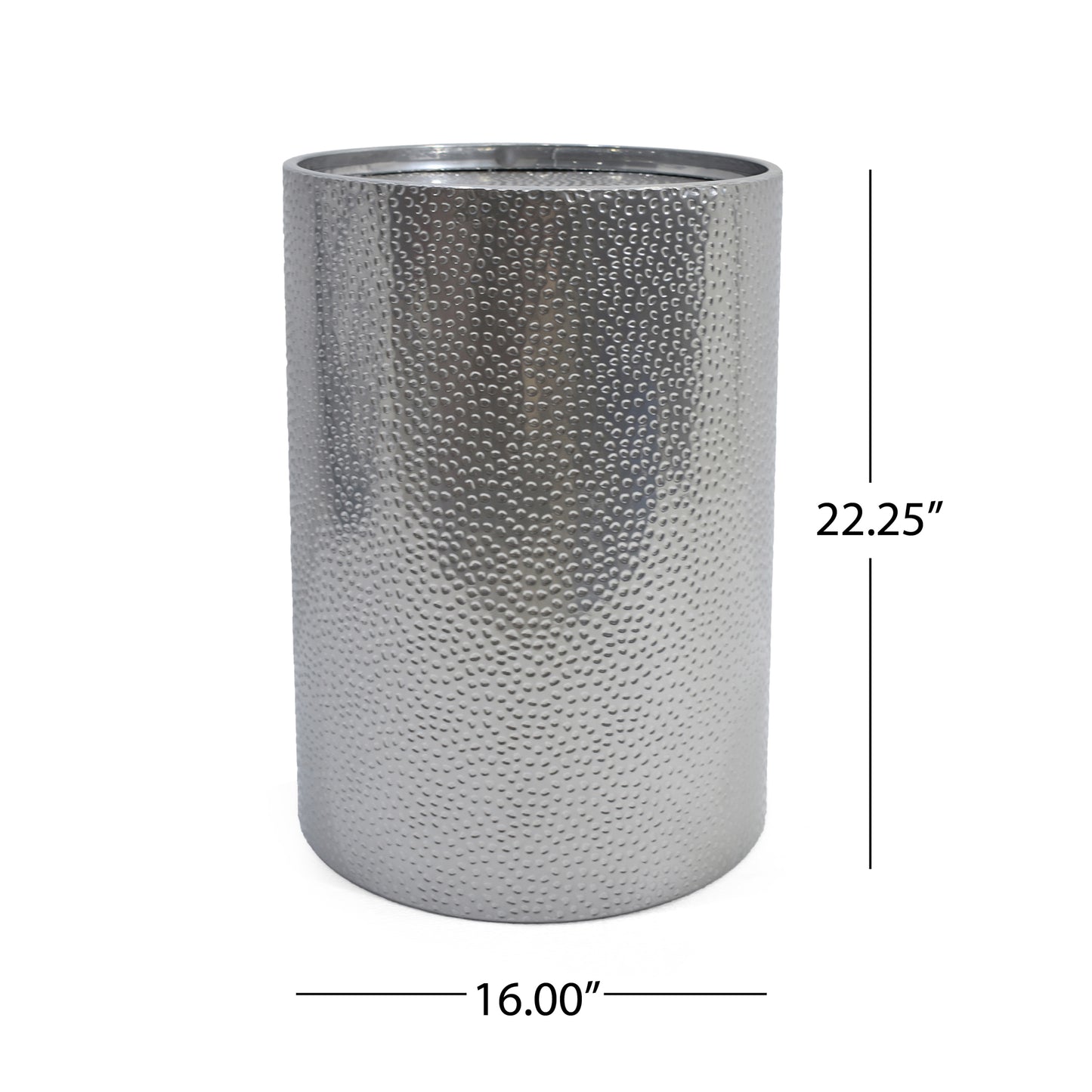 Large hammered silver metal planter with dimpled texture H x W