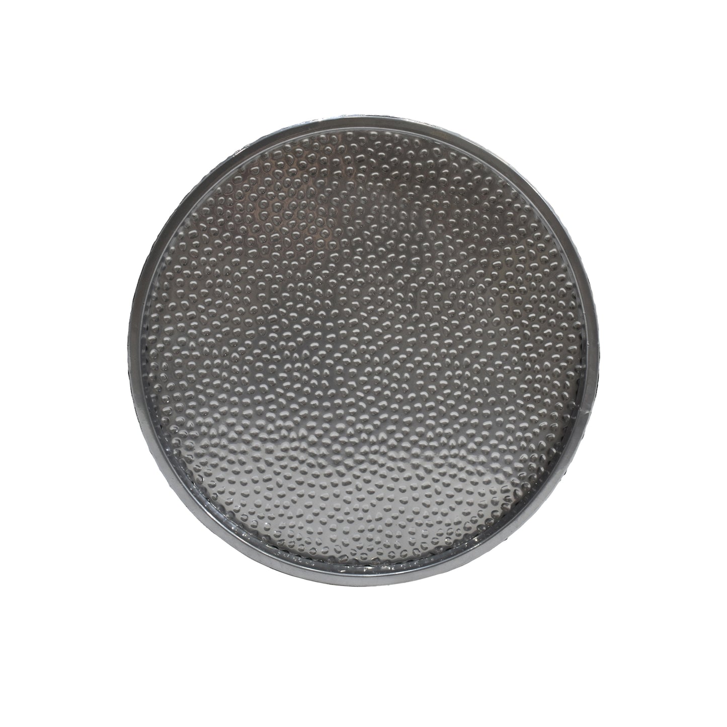 Textured silver round metal tray with a hammered finish and a raised rim