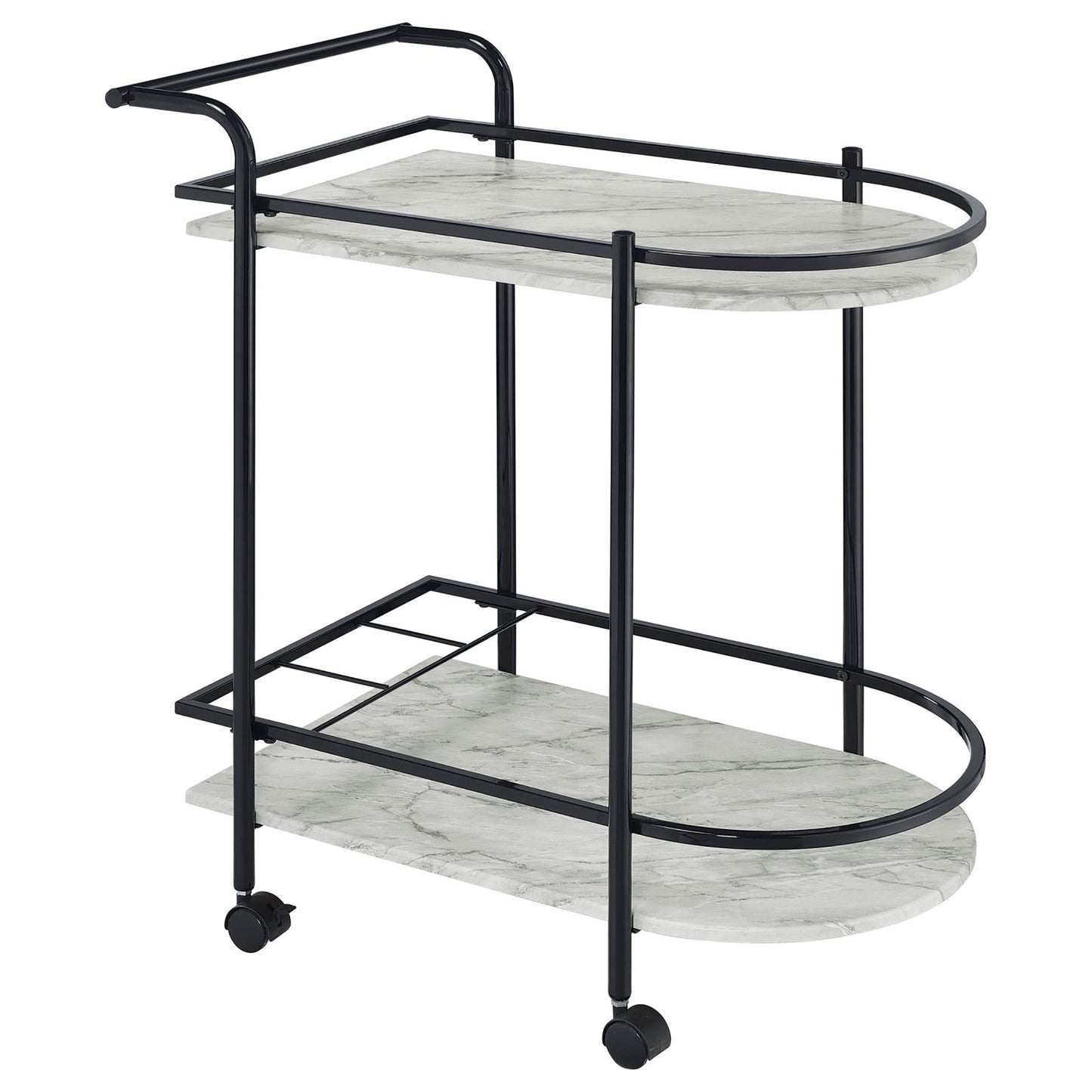Black metal bar cart with faux marble shelves