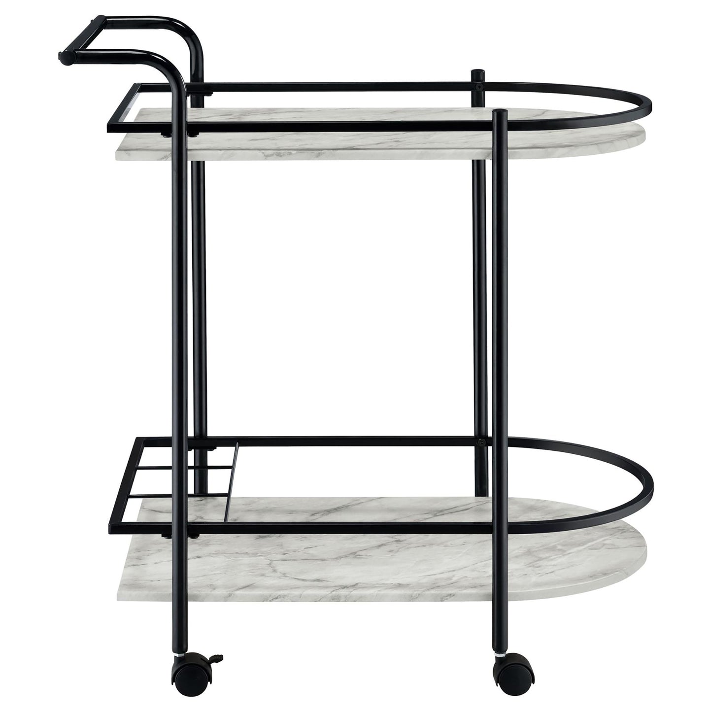 Modern bar cart with faux marble shelves and black metal frame