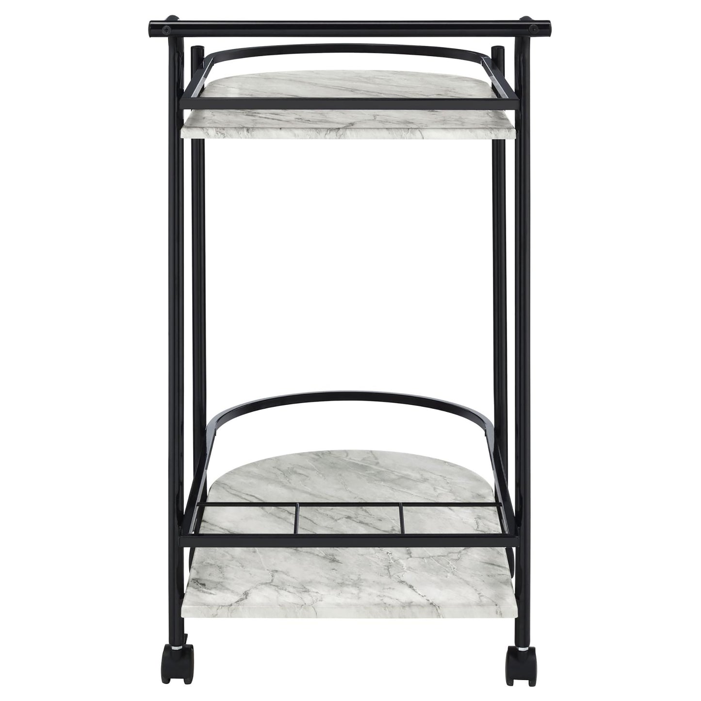 Marble top bar cart with black metal frame and wheels