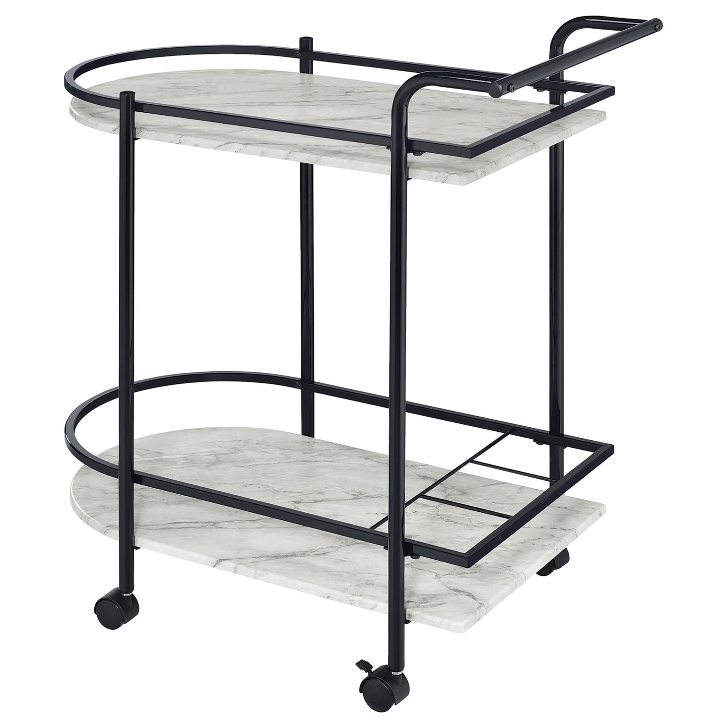 Marble top bar cart with black metal frame and wheels