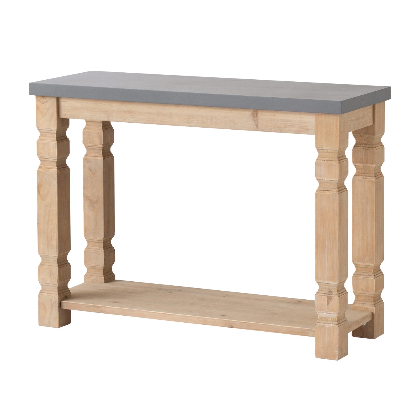 Natural wood console table with grey stone top and lower shelf