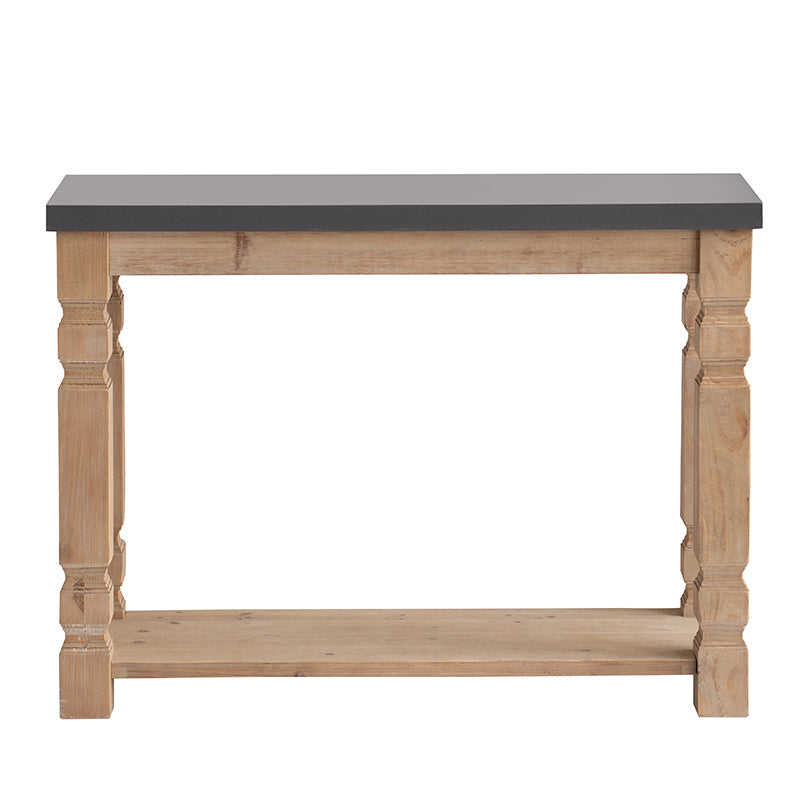 Rustic wood console table with gray top and turned legs