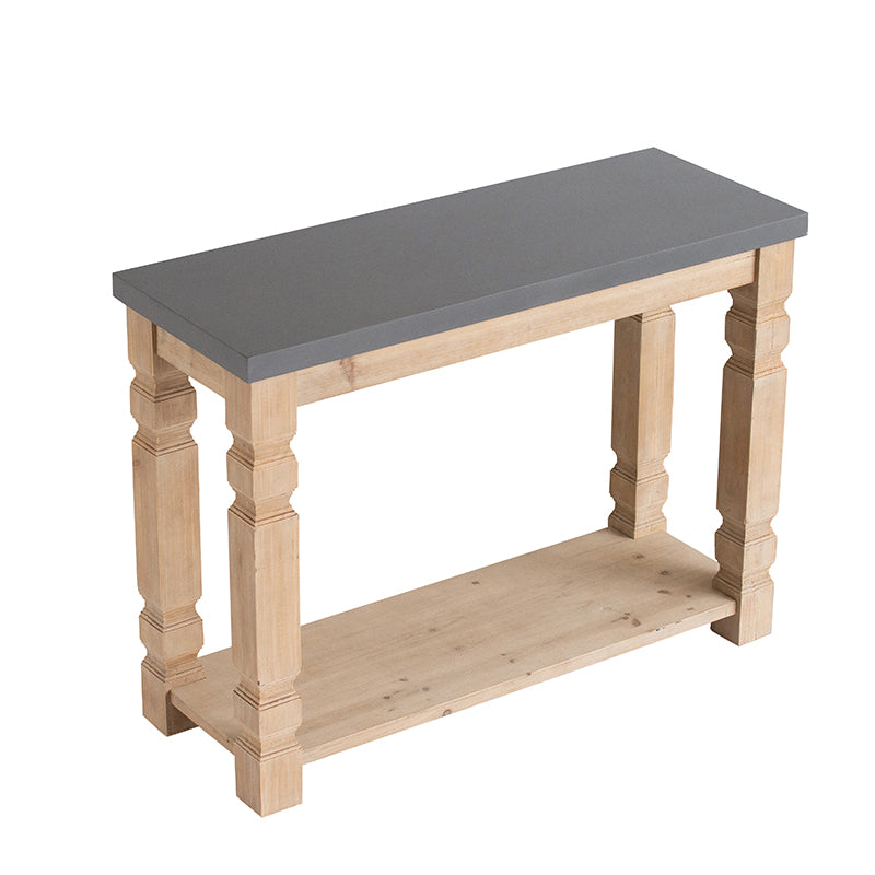 Rustic console table with grey top and distressed wood legs and shelf