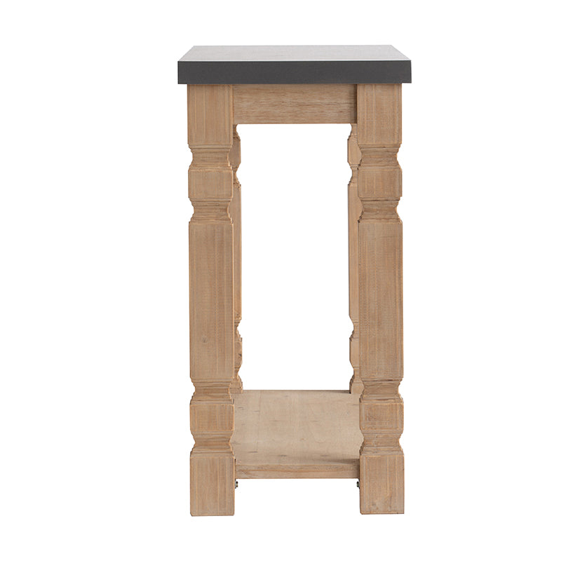 Rustic wood console table with distressed turned legs and a grey stone top