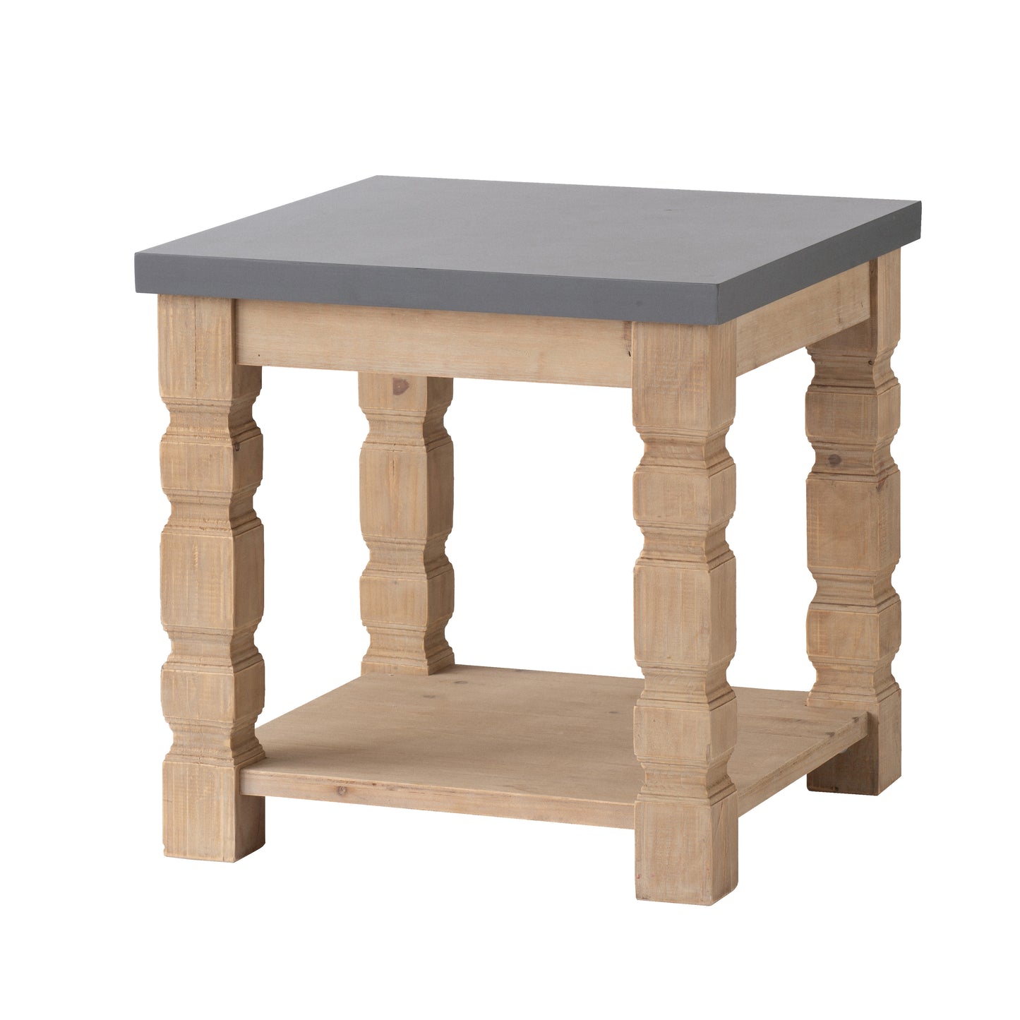 Rustic wood end table with distressed grey stone top and lower shelf