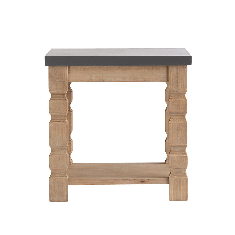 Rustic wood accent table with carved legs and dark grey top