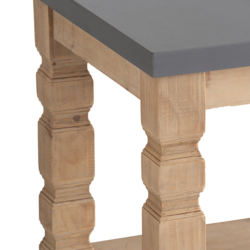 Detail of rustic wood table legs with a dark gray top surface