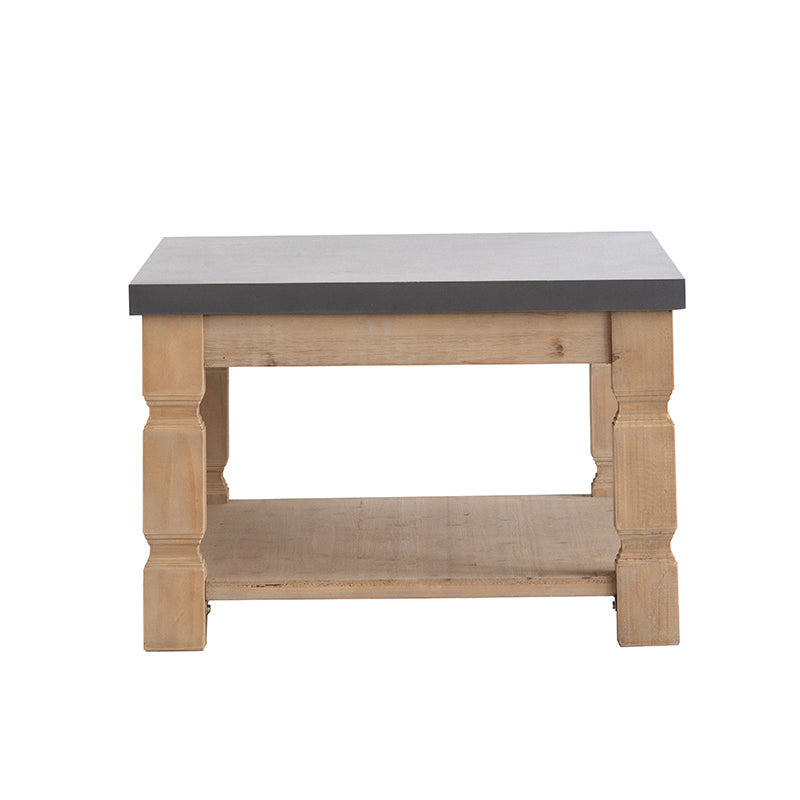 Rustic wooden coffee table with slate gray top and lower shelf