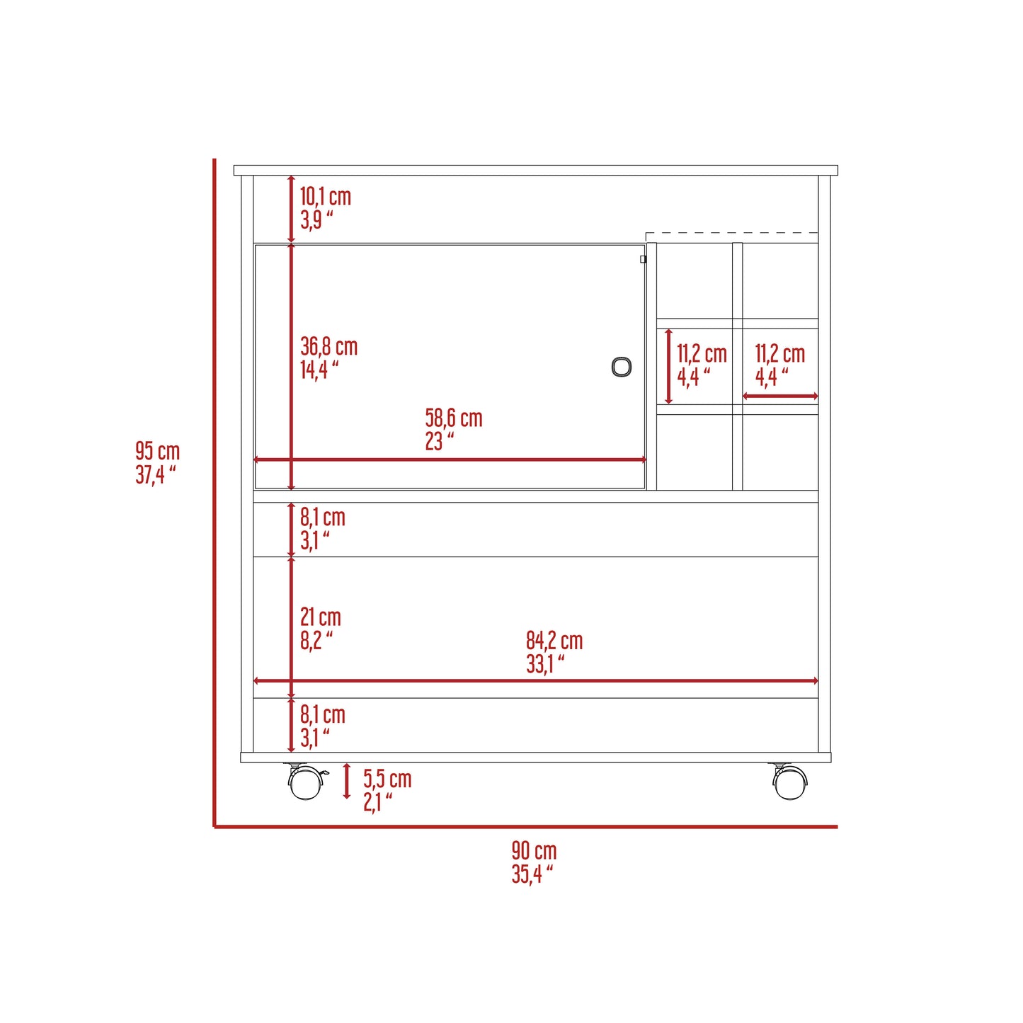 Diagram of a rolling utility cart with dimensions cm height cm width cm depth