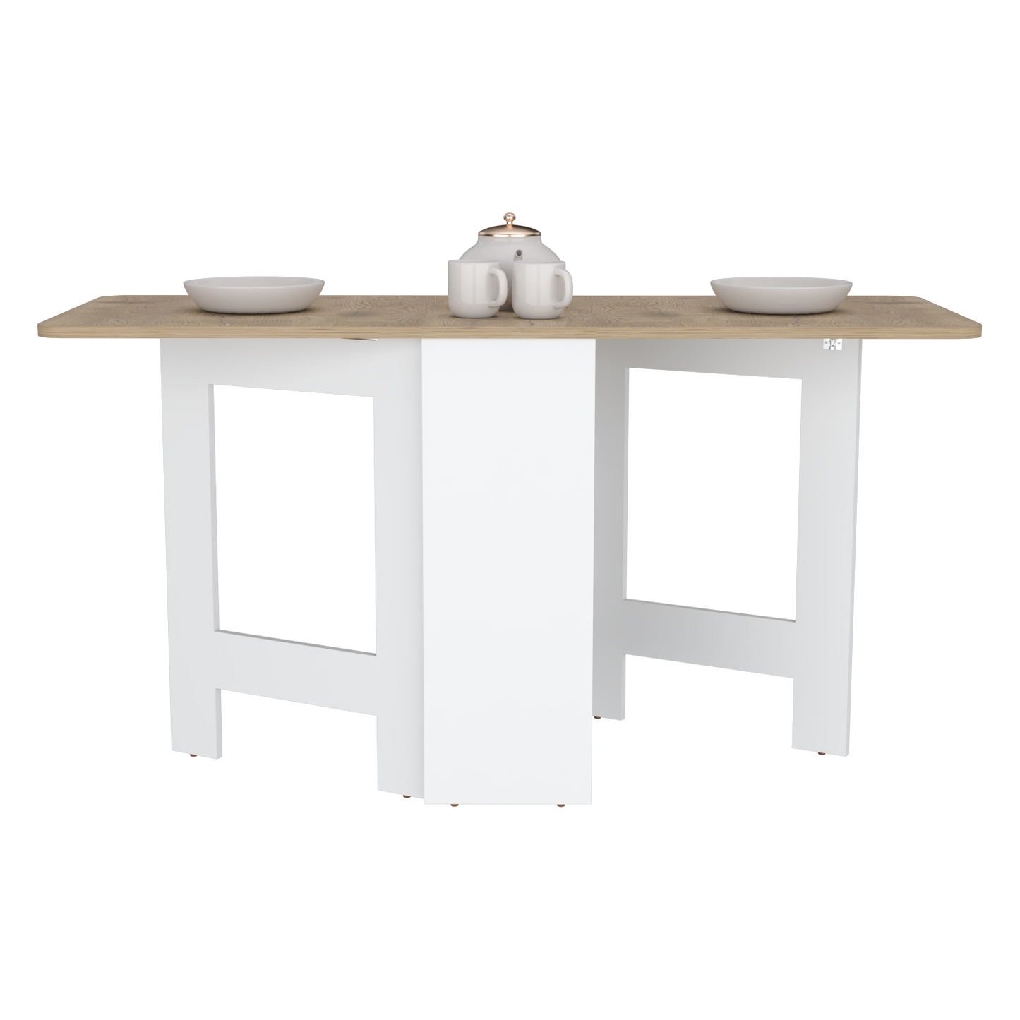 Wooden and white drop leaf dining table with tea set and plates