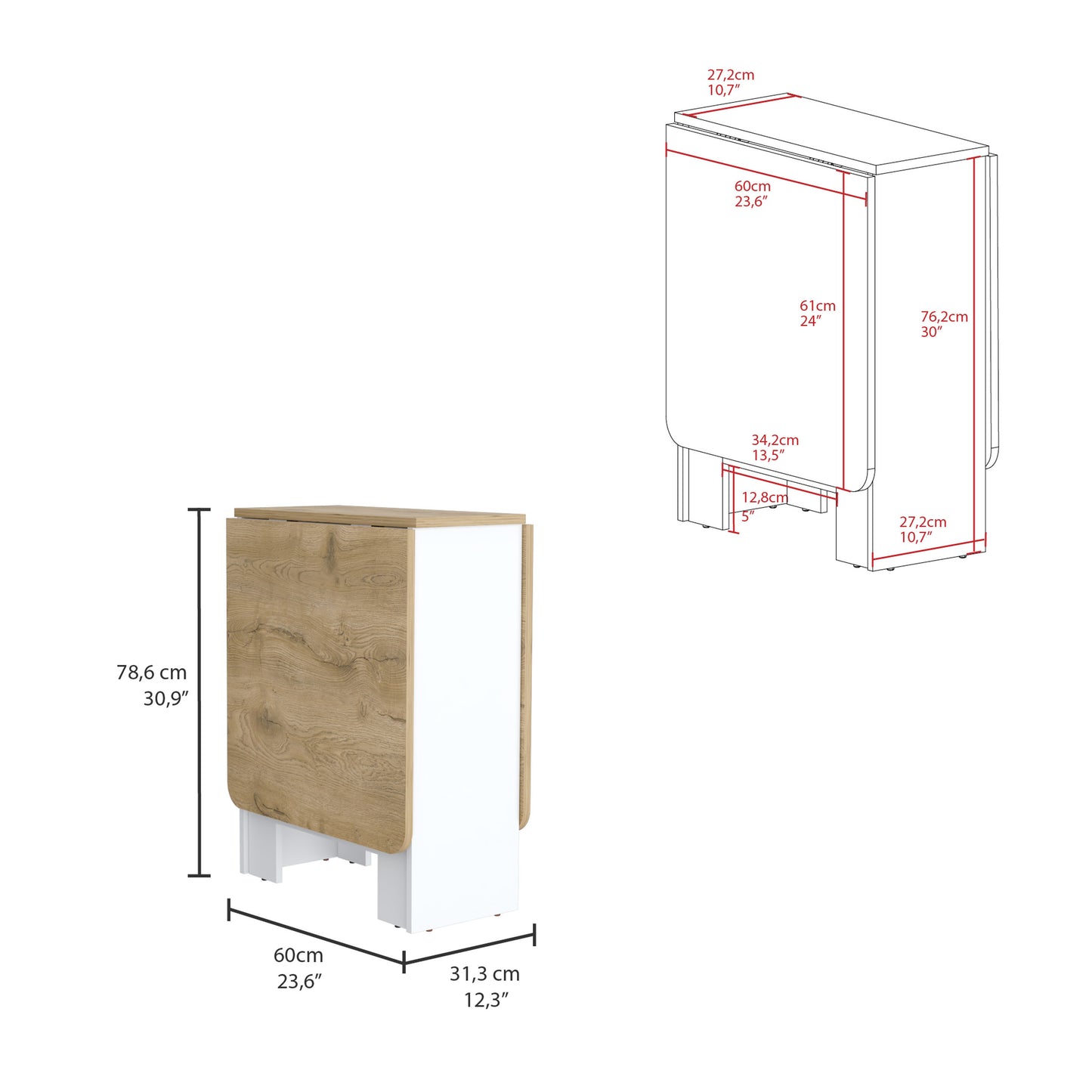 Compact drop leaf table wood and white with clear dimension markings for kitchen use