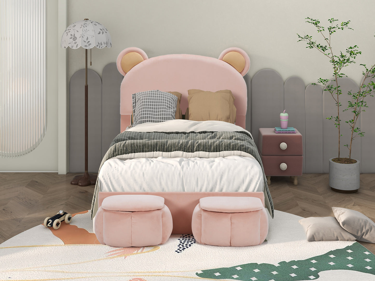 Pink velvet bearshaped headboard bed with plush ottomans