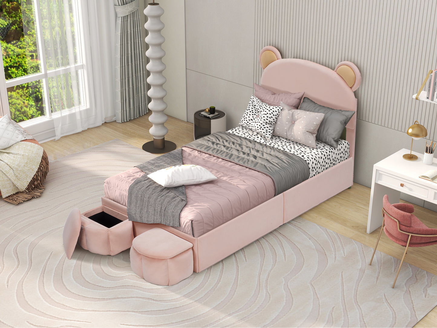 Pink twin bed with bear ears headboard and storage ottomans