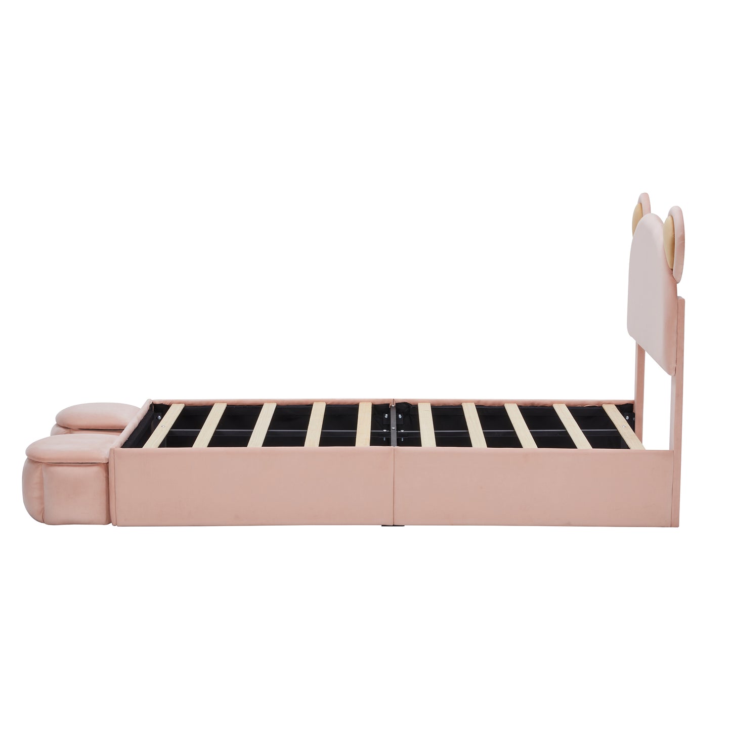 Pink velvet kids bed frame with bear ear headboard and footboard