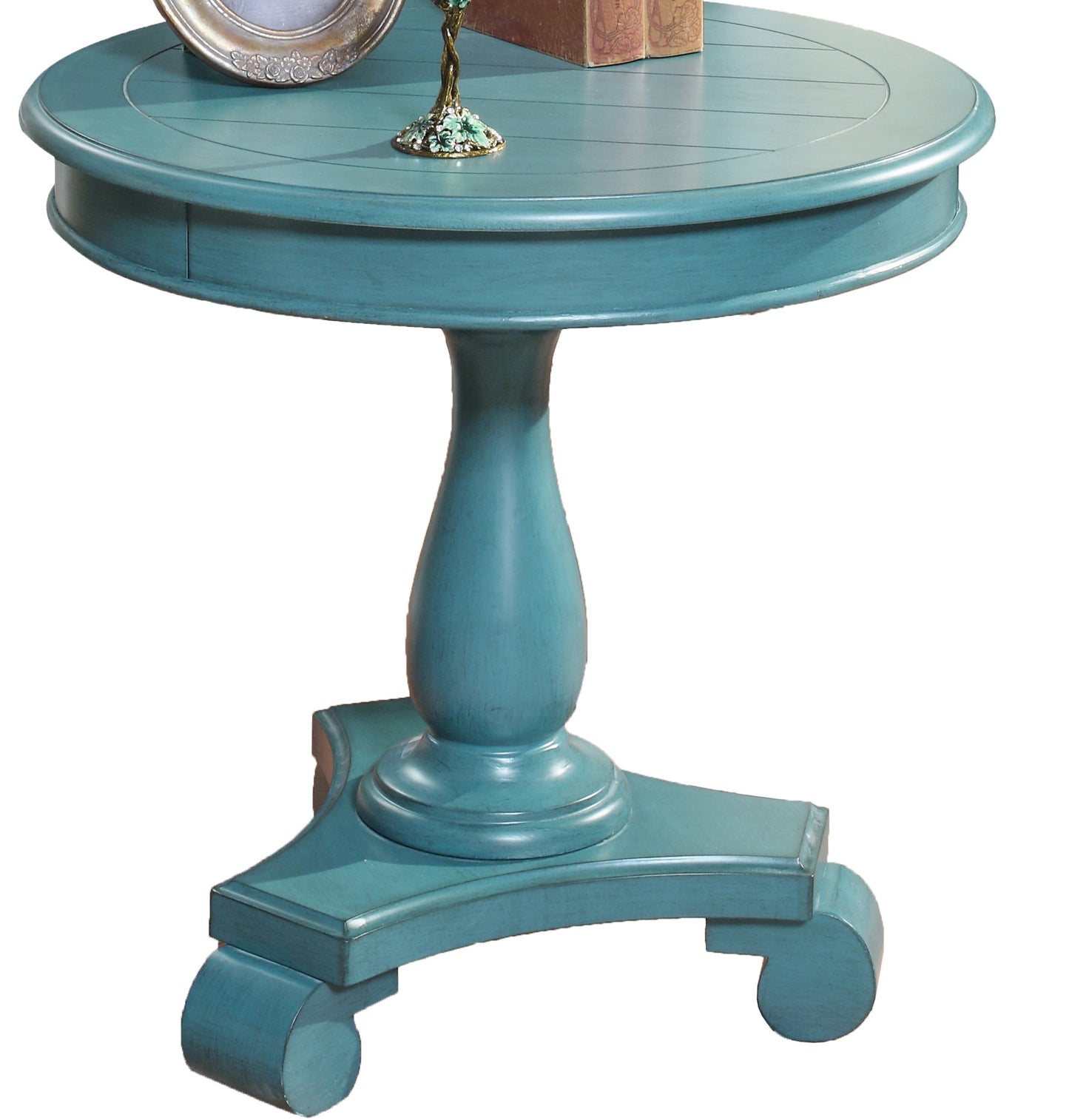Vintage teal round accent table with ornate pedestal base and decorative trim
