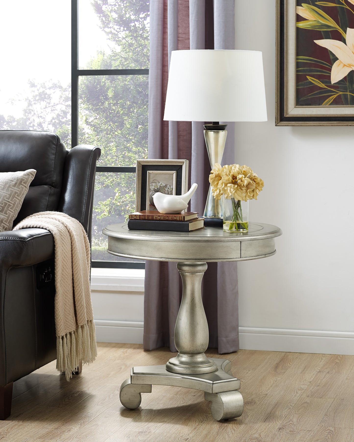 Silver antique end table with decorative pedestal base perfect for living room accent
