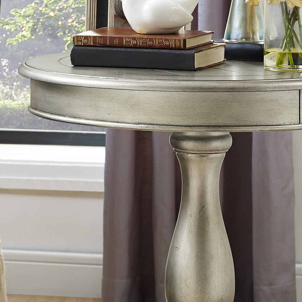 Antique silver pedestal table with distressed finish perfect accent for living rooms