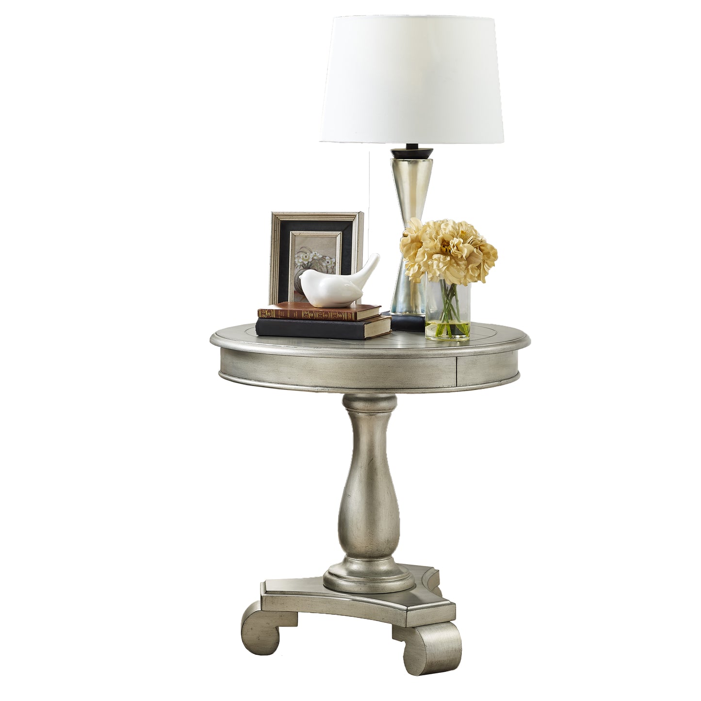 Antique silver round accent table with ornate pedestal base for living room decor