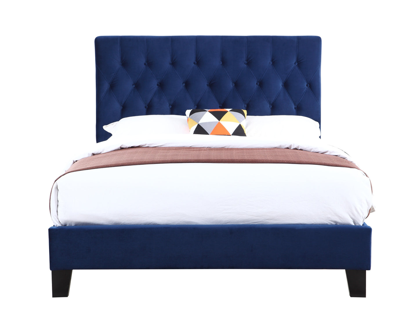 Dark blue velvet bed frame with tufted headboard and wooden legs