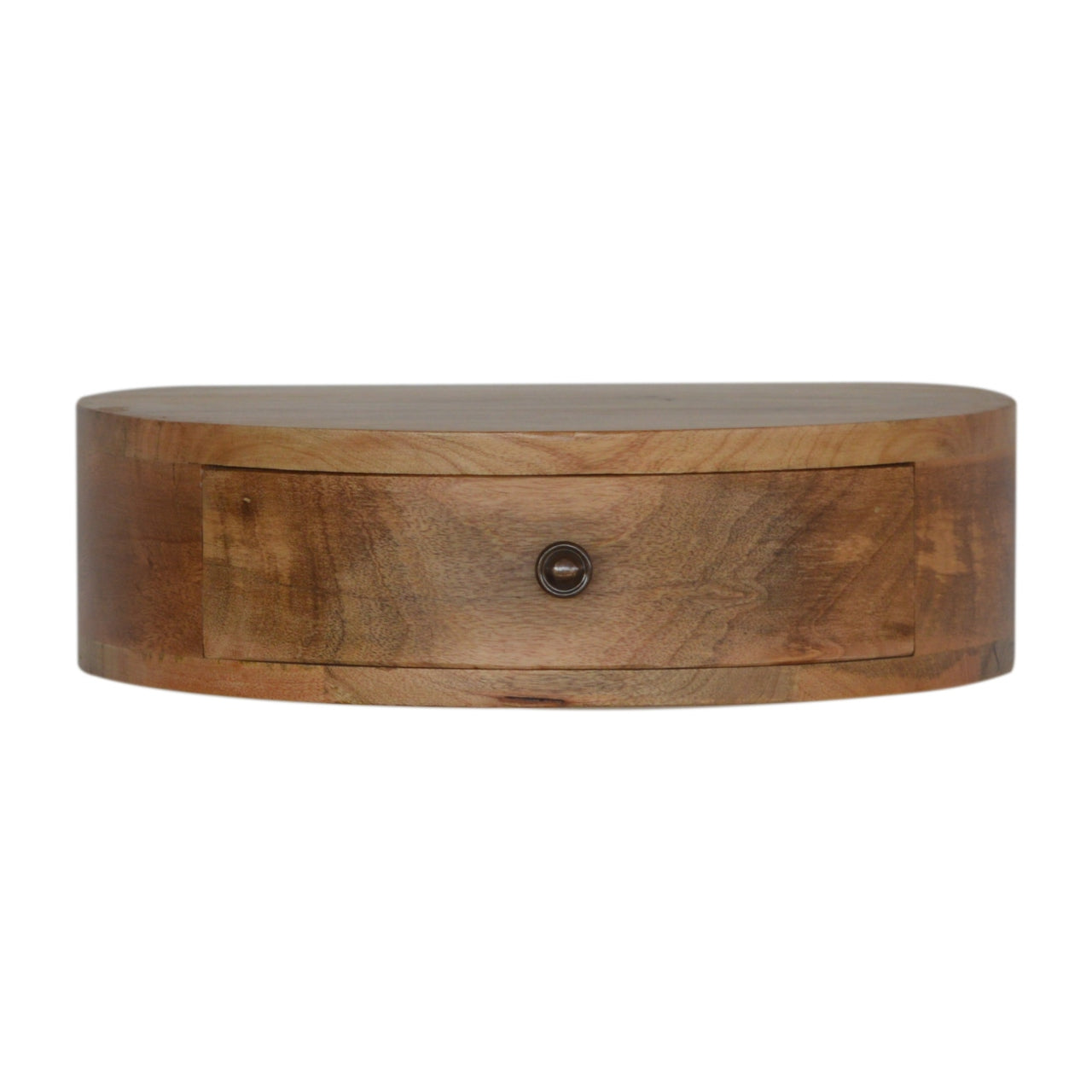 Wooden curved wall shelf with a single drawer and brass knob