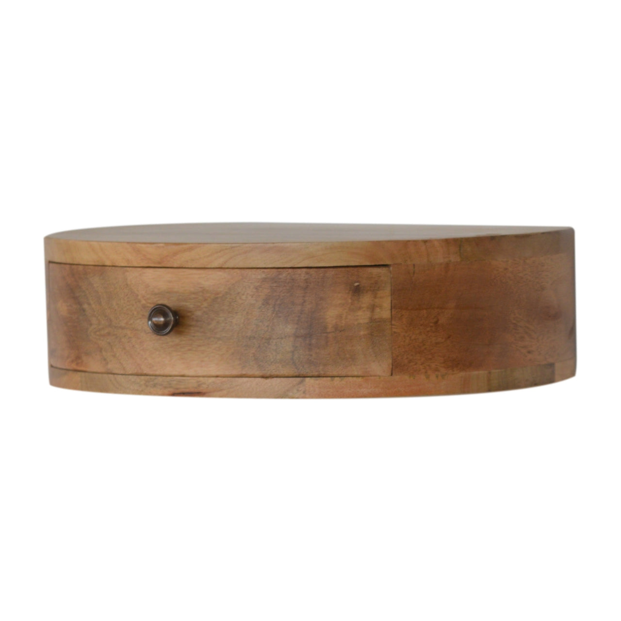 Wooden halfmoon side table with one drawer and metal knob