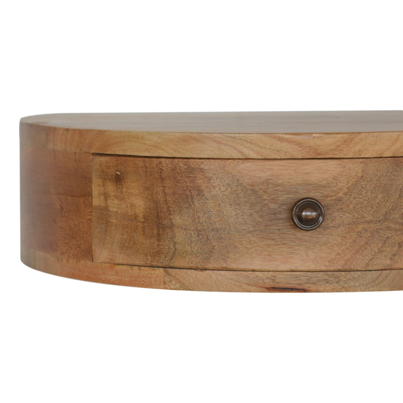 Rustic wooden bedside table with one drawer and bronze knob detail
