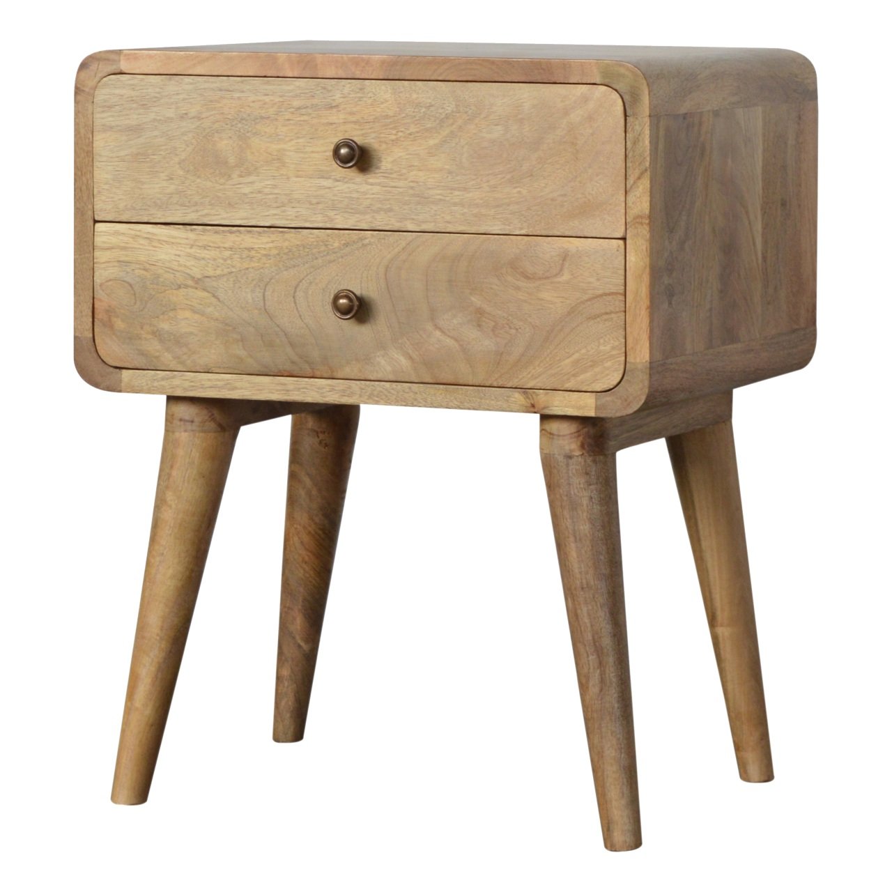 Natural wood bedside table with two drawers and tapered legs