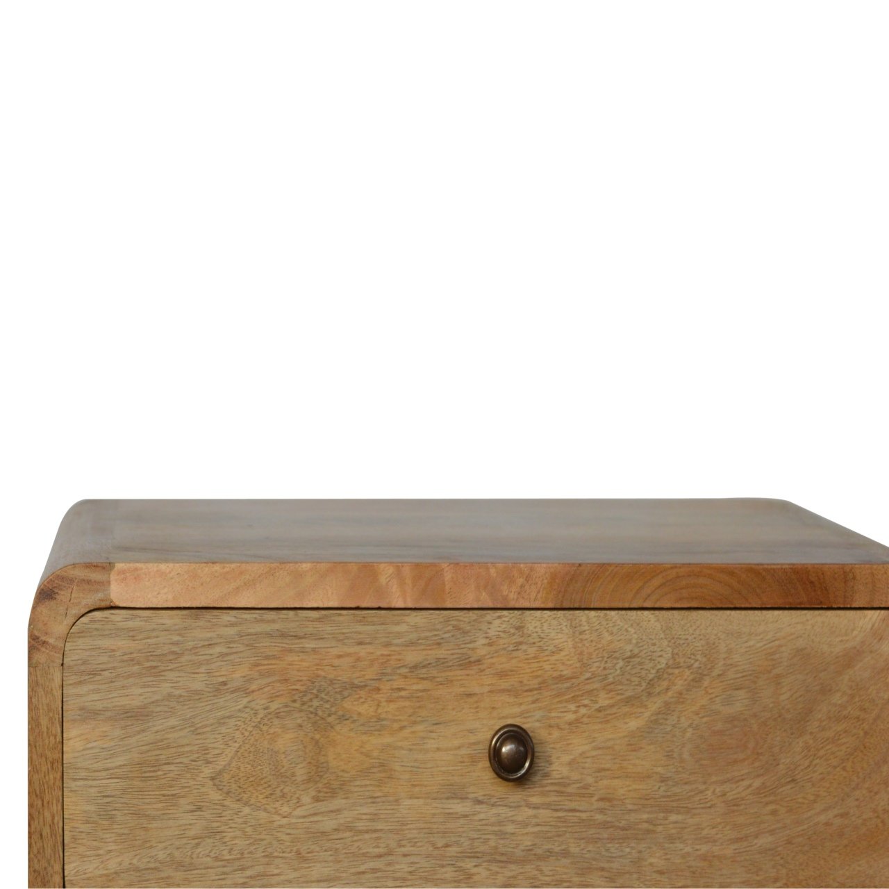 Natural wood bedside table with curved edges and one round knob drawer