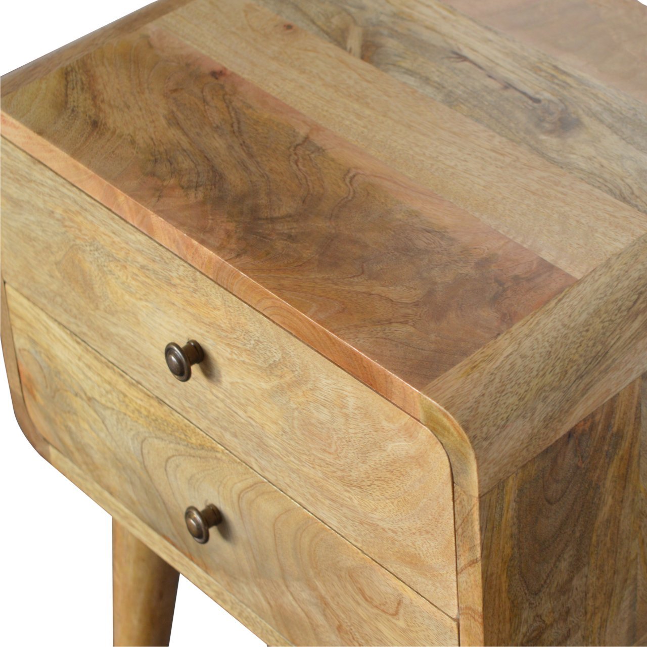 Natural wood bedside table with two antique brass drawer knobs